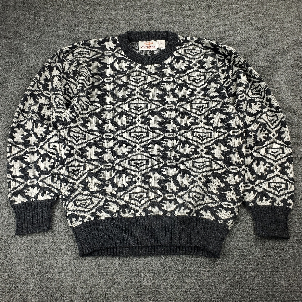 Vintage 80s Voyager Ski Sweater Medium Knit Geometric Abstract Pattern Crewneck